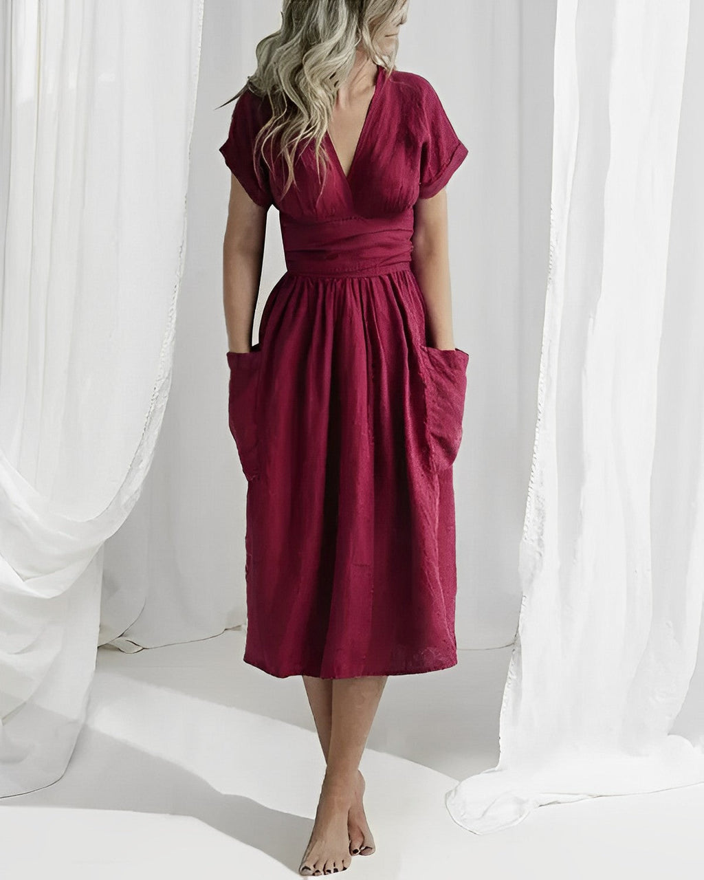 Vestido Midi con Cinturón, Bolsillos Laterales, Escote en V y Mangas Estilo Kimono
