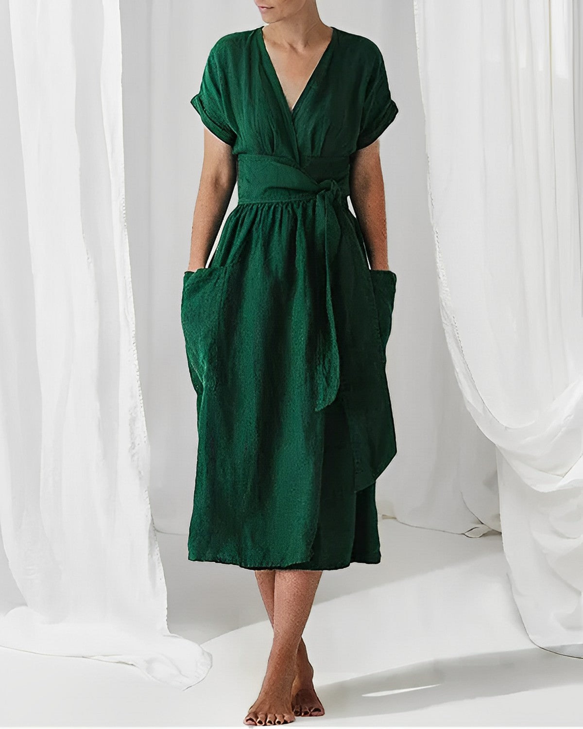 Vestido Midi con Cinturón, Bolsillos Laterales, Escote en V y Mangas Estilo Kimono