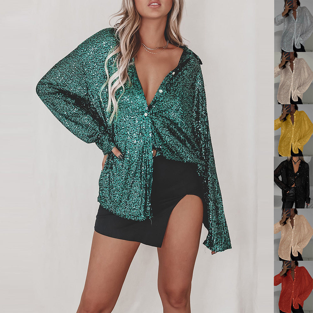 Blusa de Lentejuelas con Manga Larga y Cuello Clásico
