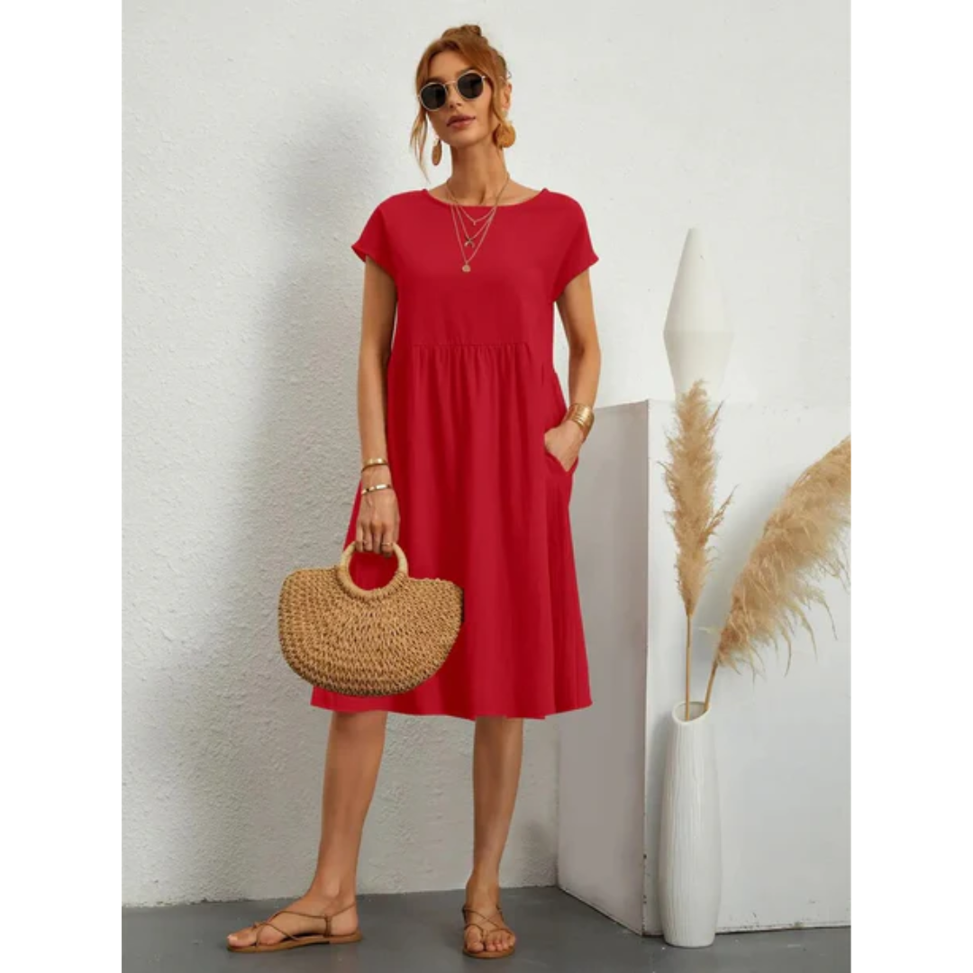 Vestido Midi de Verano con Manga Corta, Cuello Redondo y Silueta Favorecedora