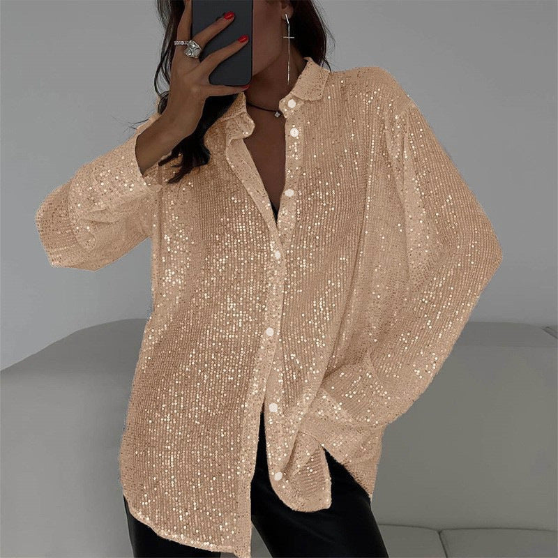 Blusa de Lentejuelas con Manga Larga y Cuello Clásico