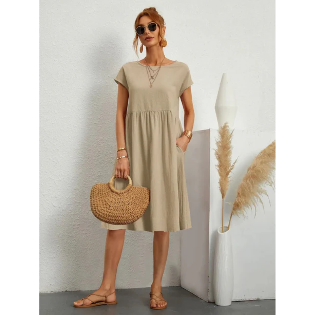 Vestido Midi de Verano con Manga Corta, Cuello Redondo y Silueta Favorecedora