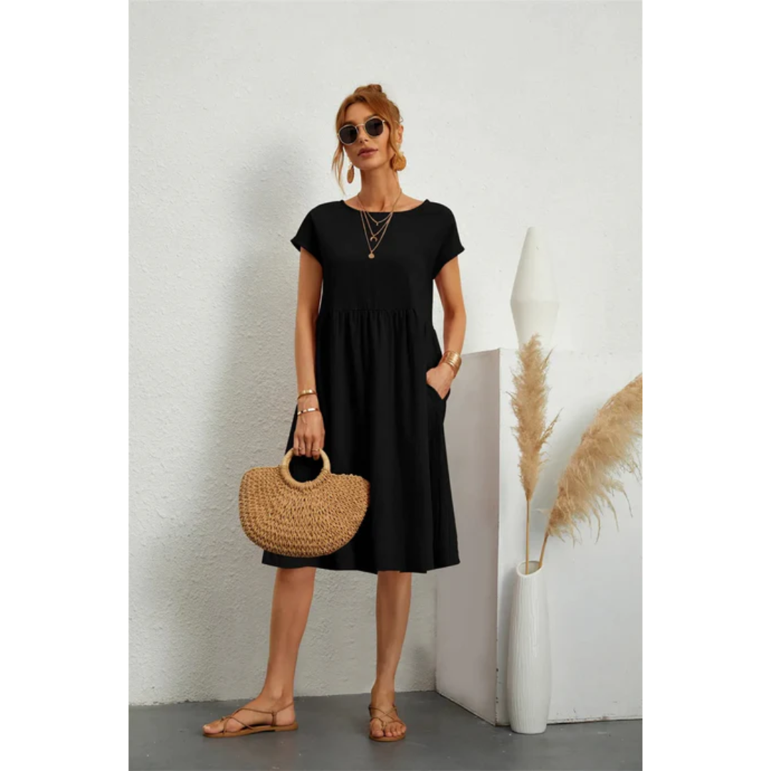 Vestido Midi de Verano con Manga Corta, Cuello Redondo y Silueta Favorecedora