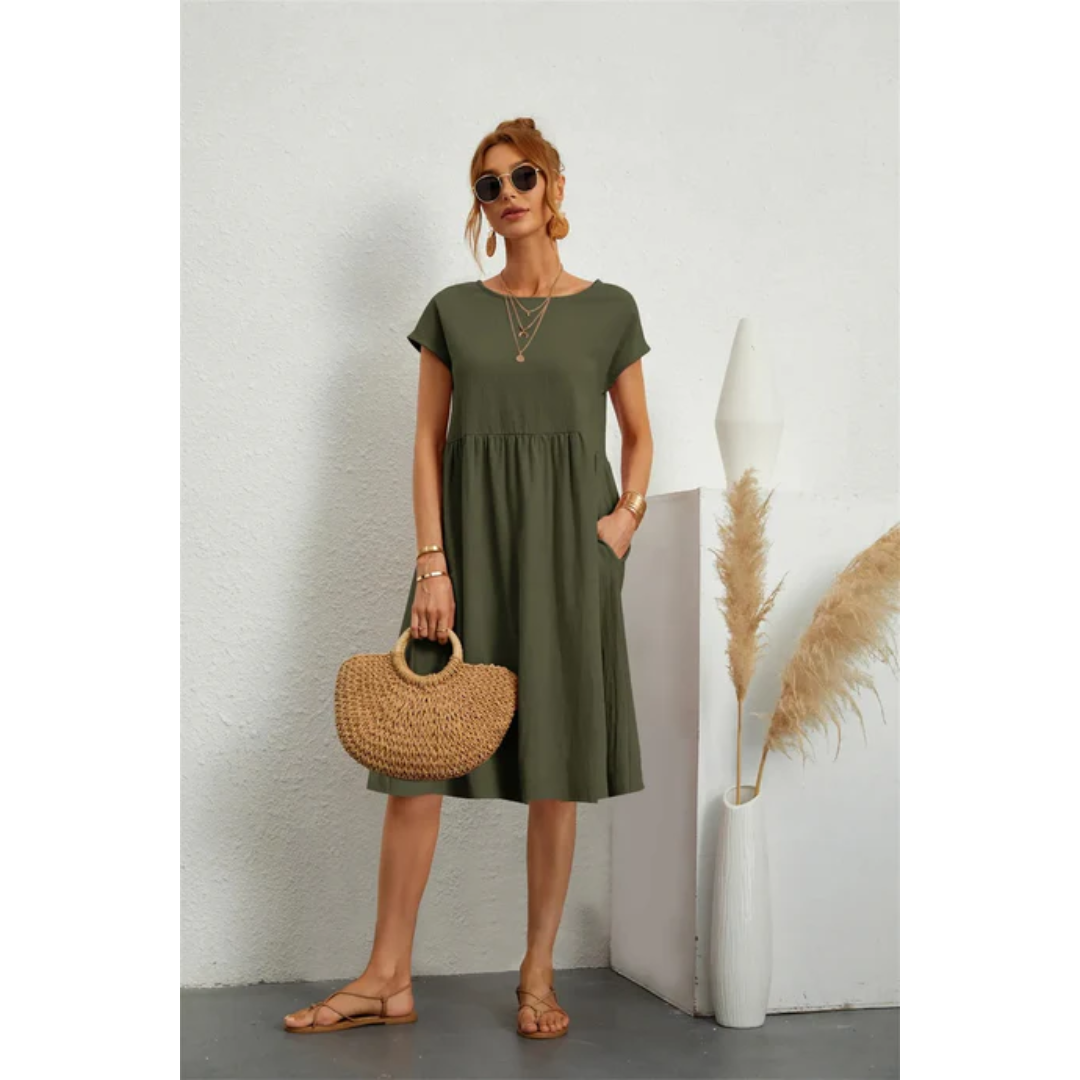 Vestido Midi de Verano con Manga Corta, Cuello Redondo y Silueta Favorecedora