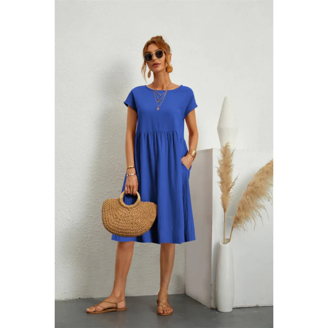 Vestido Midi de Verano con Manga Corta, Cuello Redondo y Silueta Favorecedora