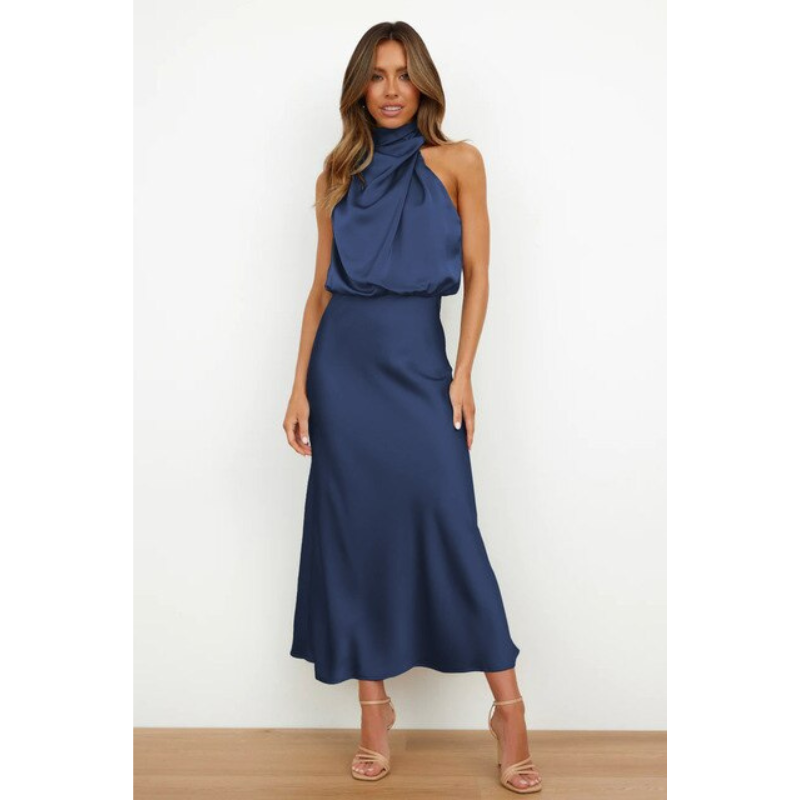 Vestido de Noche Halter Midi con Silueta Favorecedora y Estilo Elegante