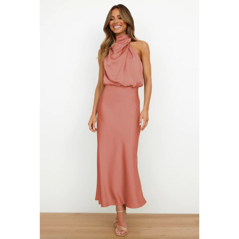 Vestido de Noche Halter Midi con Silueta Favorecedora y Estilo Elegante