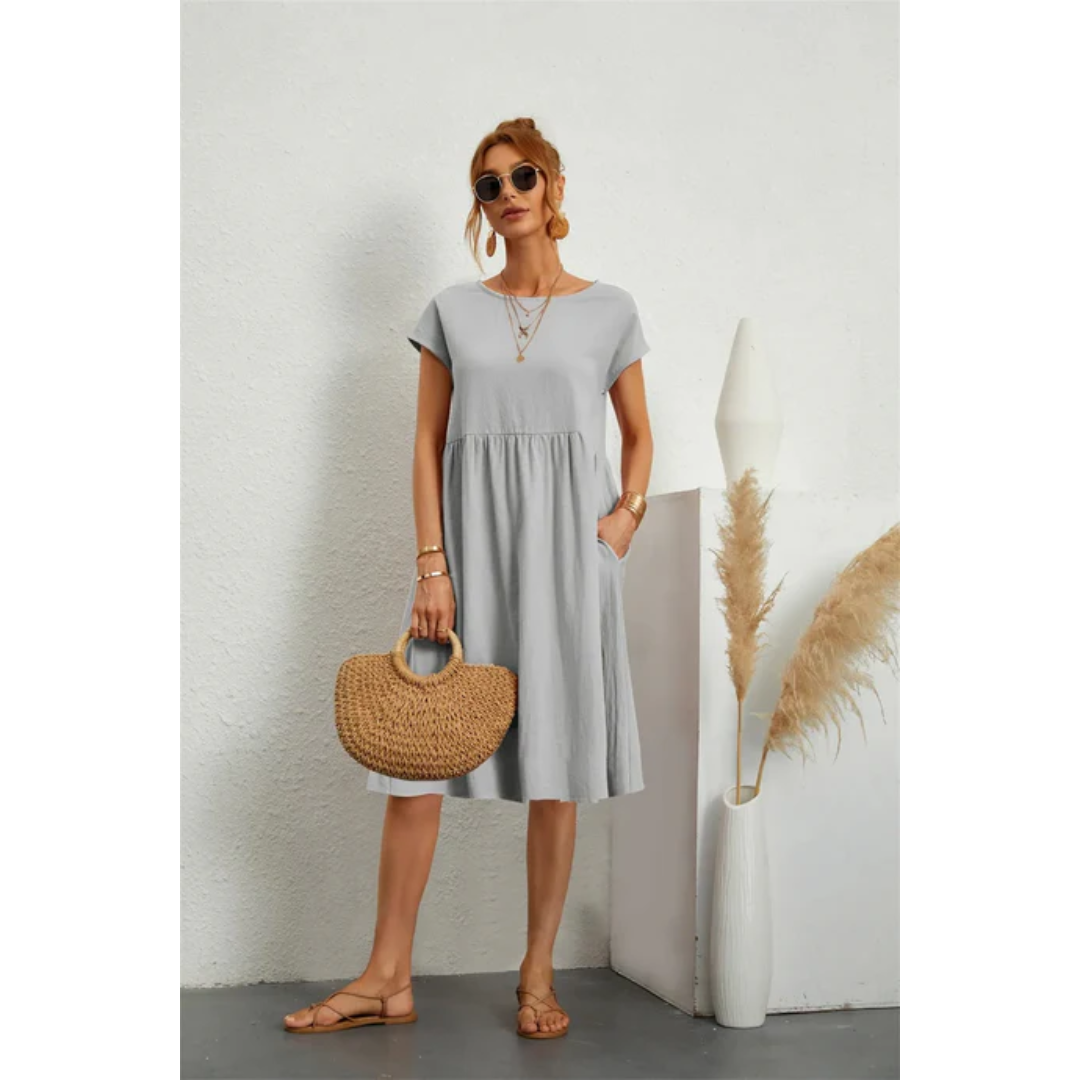 Vestido Midi de Verano con Manga Corta, Cuello Redondo y Silueta Favorecedora