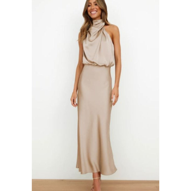 Vestido de Noche Halter Midi con Silueta Favorecedora y Estilo Elegante