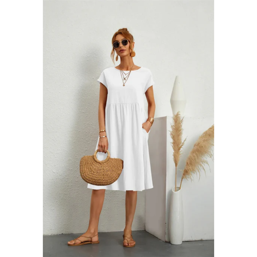 Vestido Midi de Verano con Manga Corta, Cuello Redondo y Silueta Favorecedora