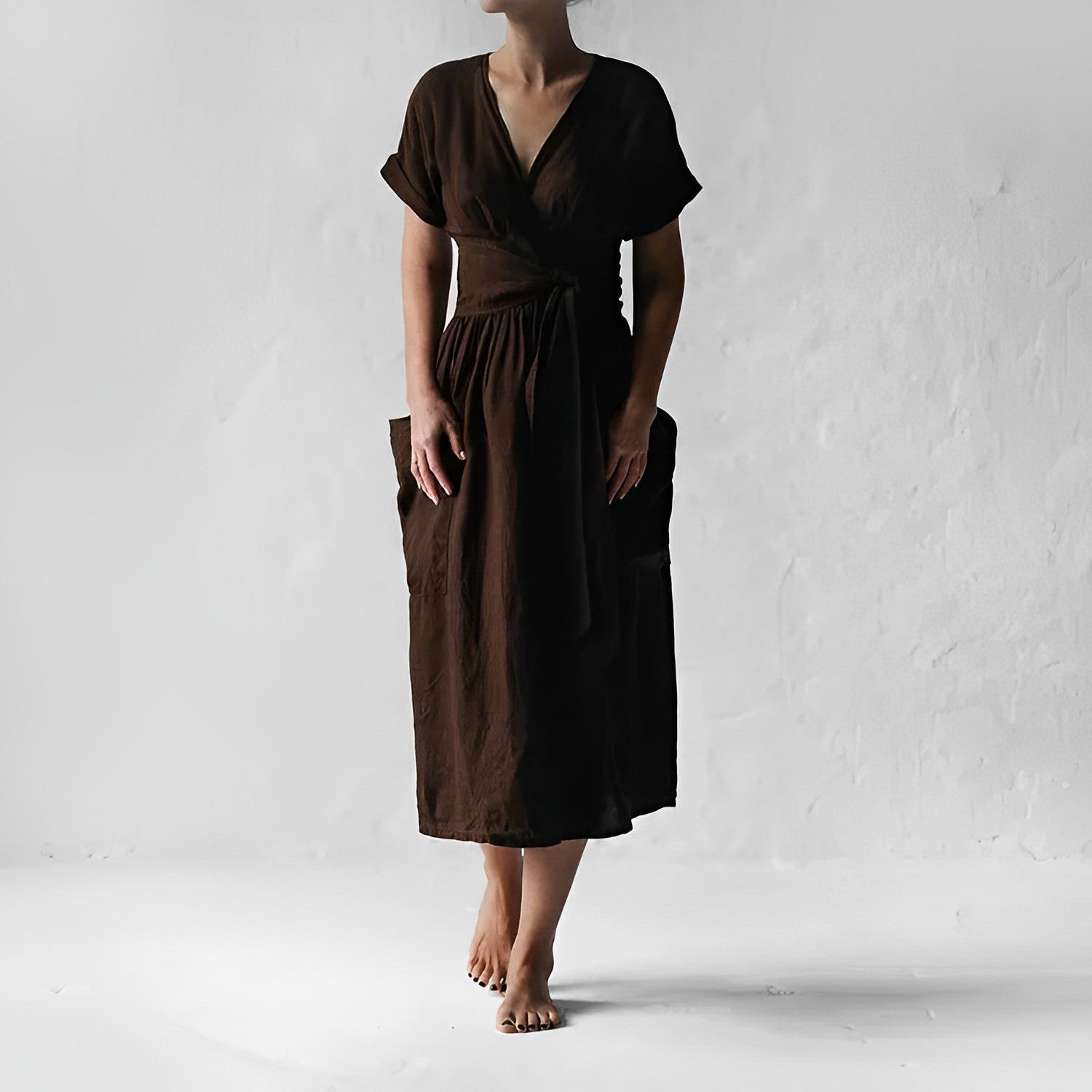 Vestido Midi con Cinturón, Bolsillos Laterales, Escote en V y Mangas Estilo Kimono