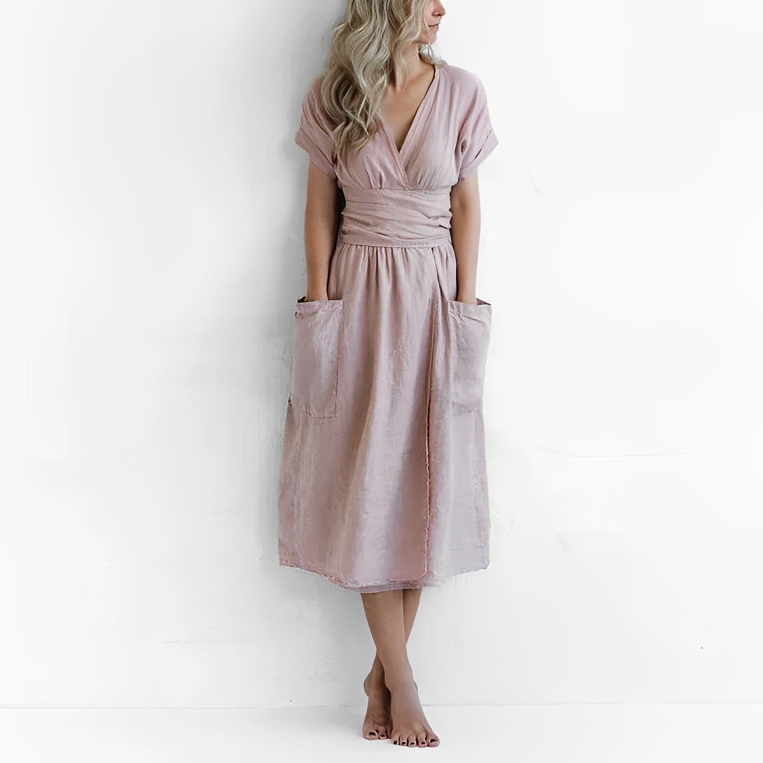 Vestido Midi con Cinturón, Bolsillos Laterales, Escote en V y Mangas Estilo Kimono