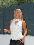 Top Blanco Cascada de Tul con Estampado de Lunares y Choker