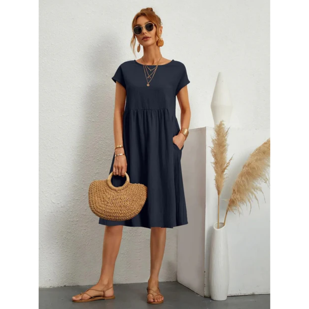 Vestido Midi de Verano con Manga Corta, Cuello Redondo y Silueta Favorecedora