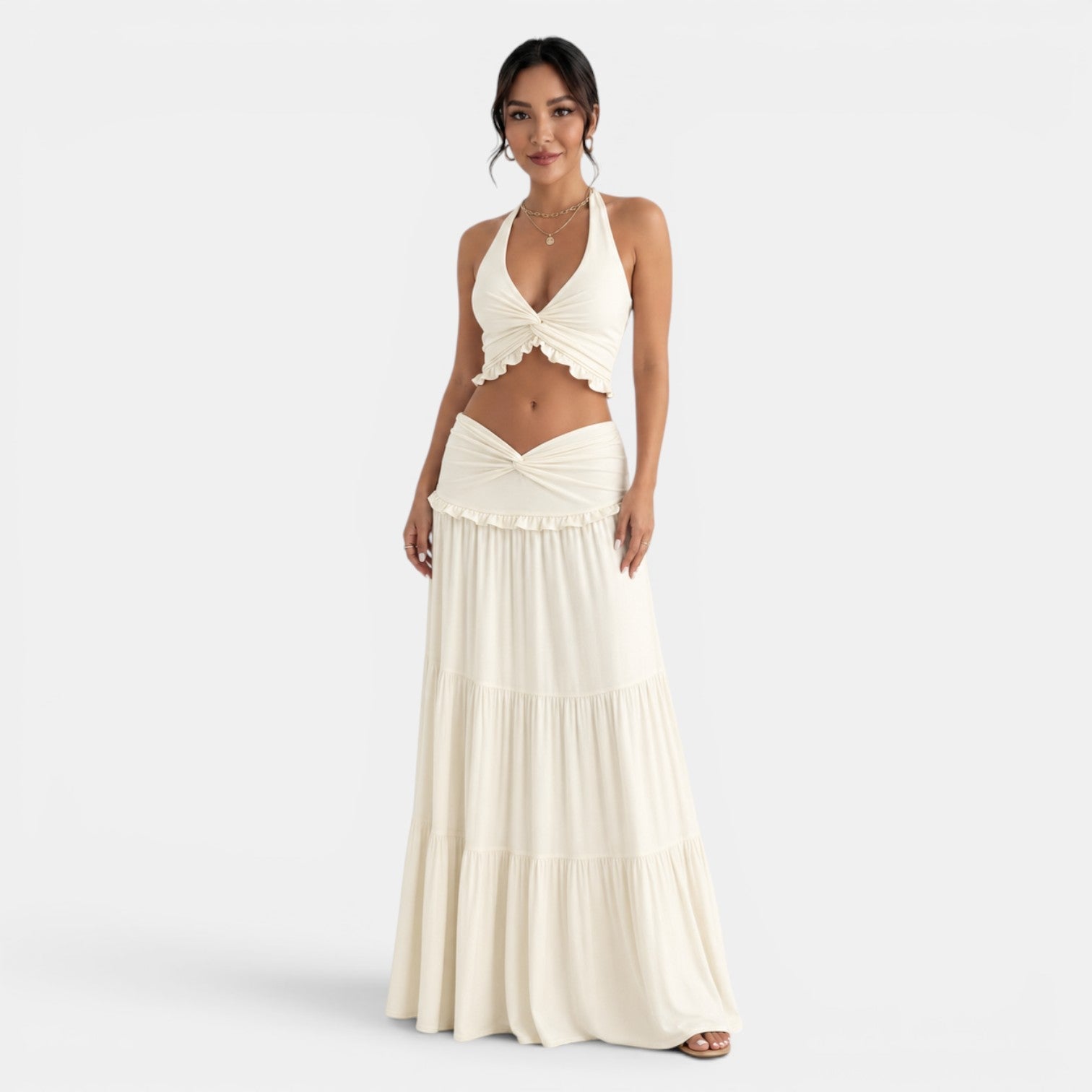 Conjunto Halter con Falda Larga Volantes