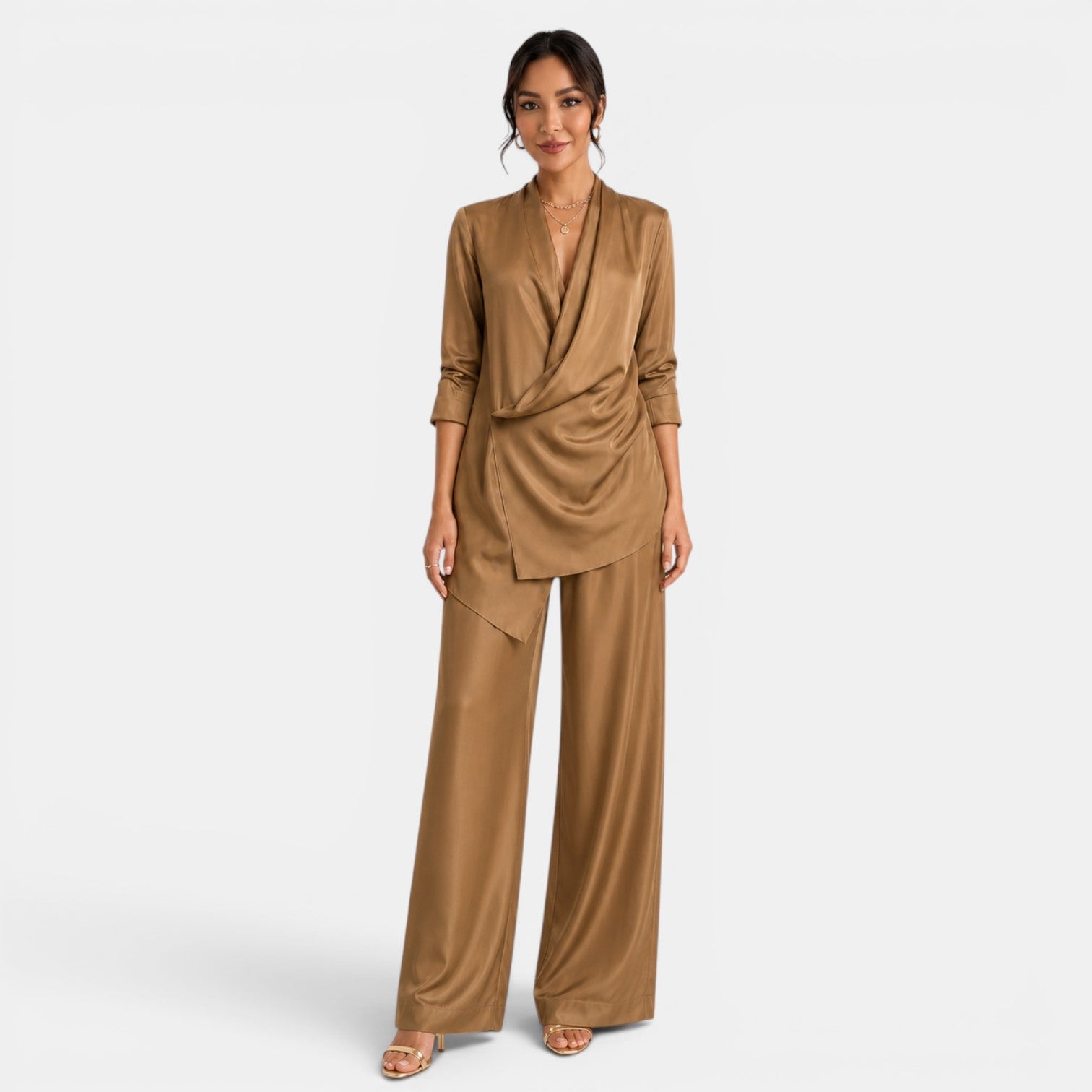 Conjunto Satinado Marrón Pantalón Ancho