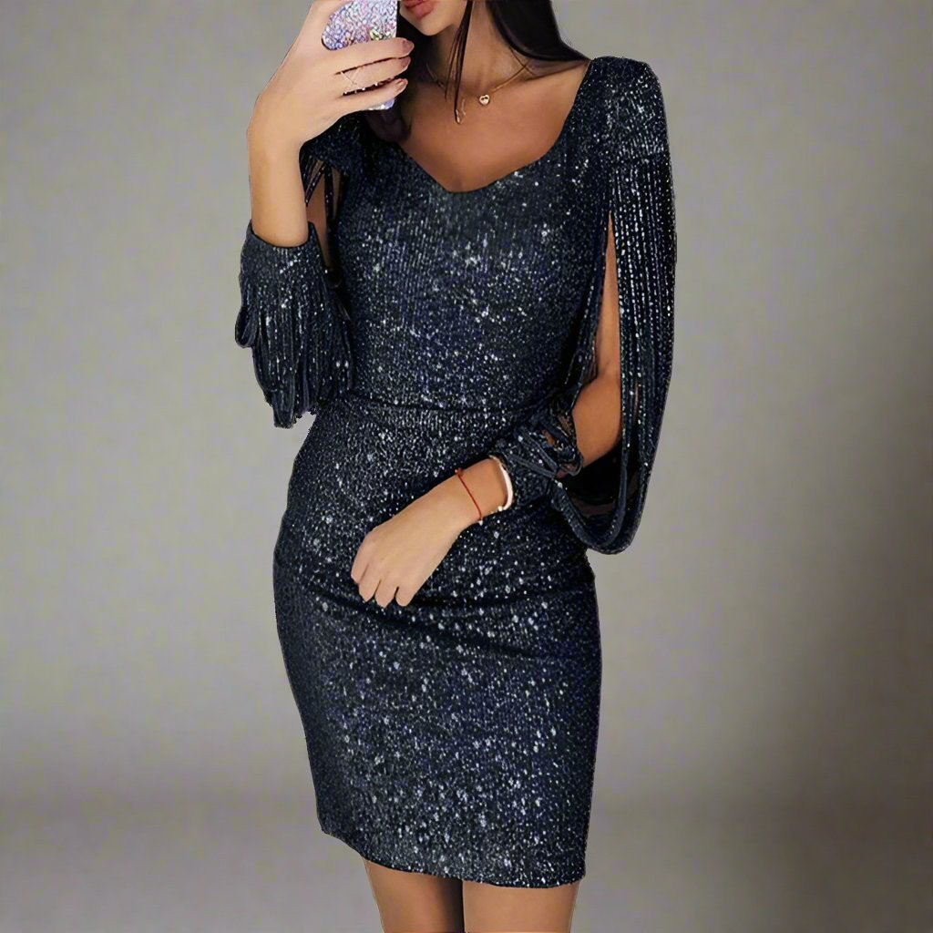 Vestido de Lentejuelas con Escote en V y Silueta Expresiva para Fiestas y Eventos