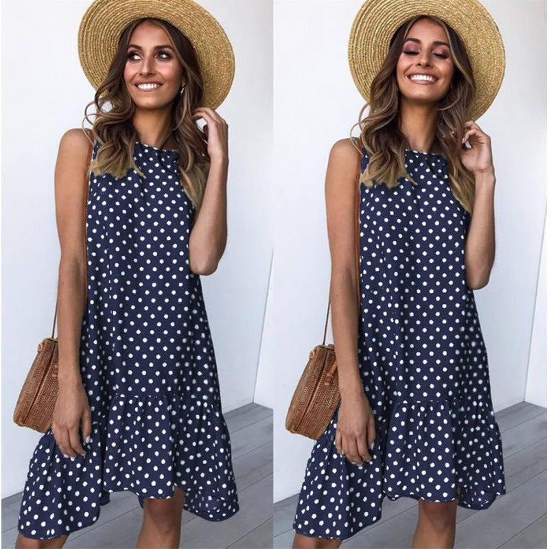 Tasana – Vestido Línea A de Verano con Bajo Fruncido y Estampado de Lunares