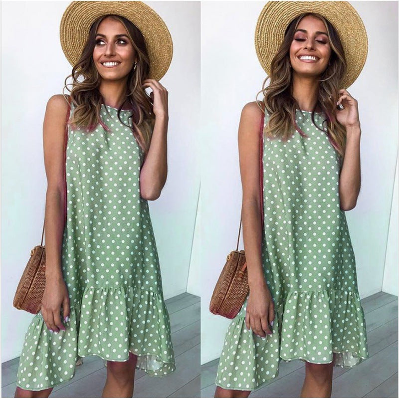 Tasana – Vestido Línea A de Verano con Bajo Fruncido y Estampado de Lunares