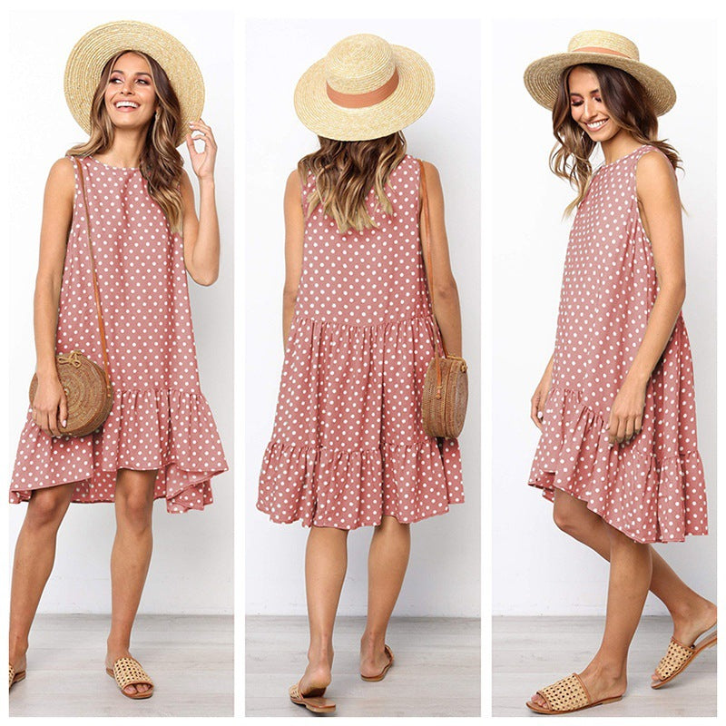 Tasana – Vestido Línea A de Verano con Bajo Fruncido y Estampado de Lunares