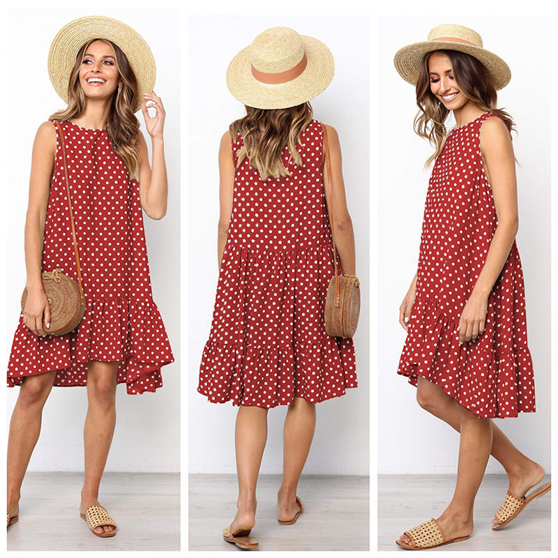 Tasana – Vestido Línea A de Verano con Bajo Fruncido y Estampado de Lunares