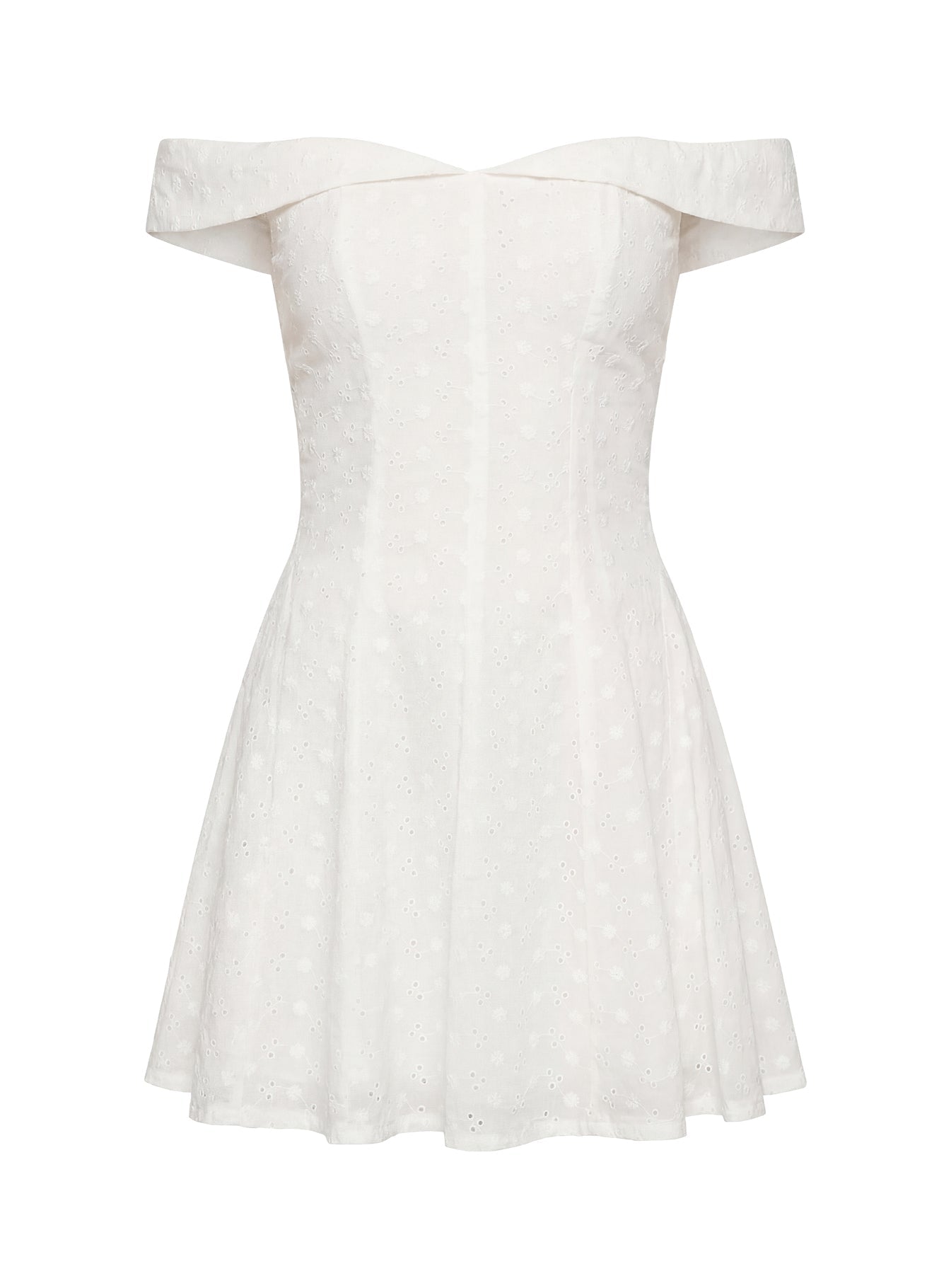 Vestido Mini Blanco de Hombros Caídos con Bordado Broderie y Bajo Plisado