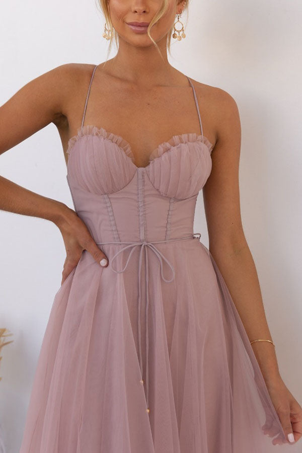Vestido Maxi de Gasa Fluida sin Mangas con Escote en V para Eventos