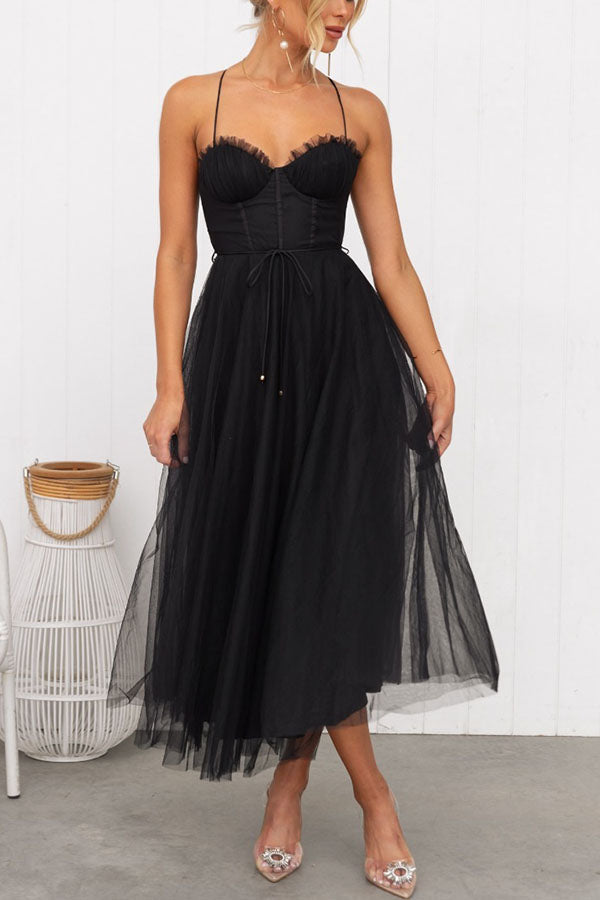 Vestido Maxi de Gasa Fluida sin Mangas con Escote en V para Eventos