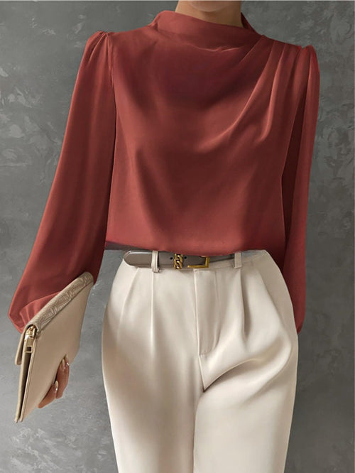 Blusa Elegante Drapeada de Cuello Alto y Manga Larga