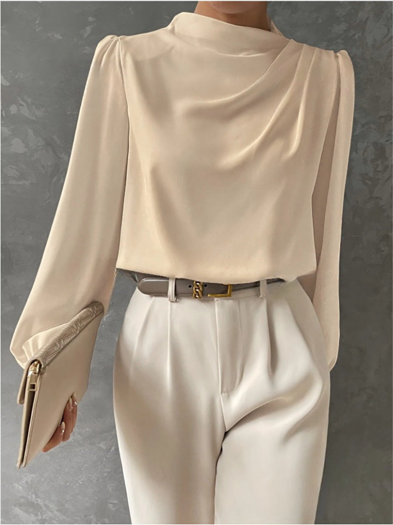 Blusa Elegante Drapeada de Cuello Alto y Manga Larga