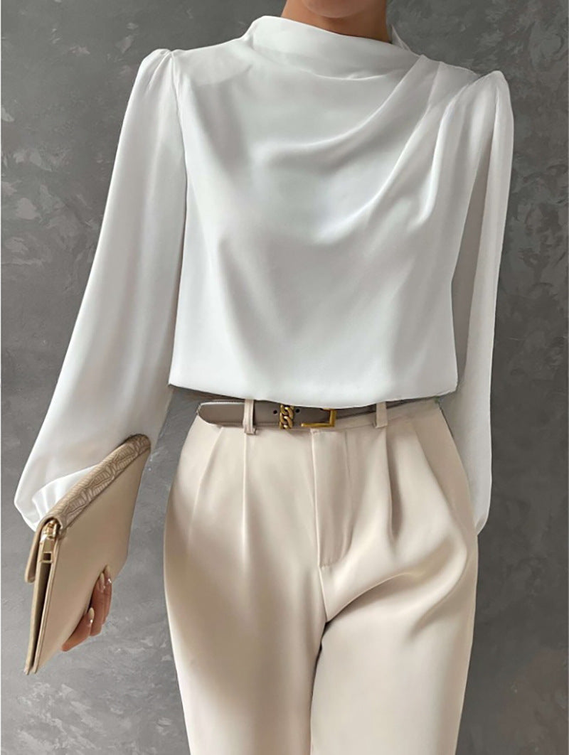 Blusa Elegante Drapeada de Cuello Alto y Manga Larga