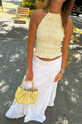Top Halter Fruncido Amarillo con Cuerpo Nido de Abeja