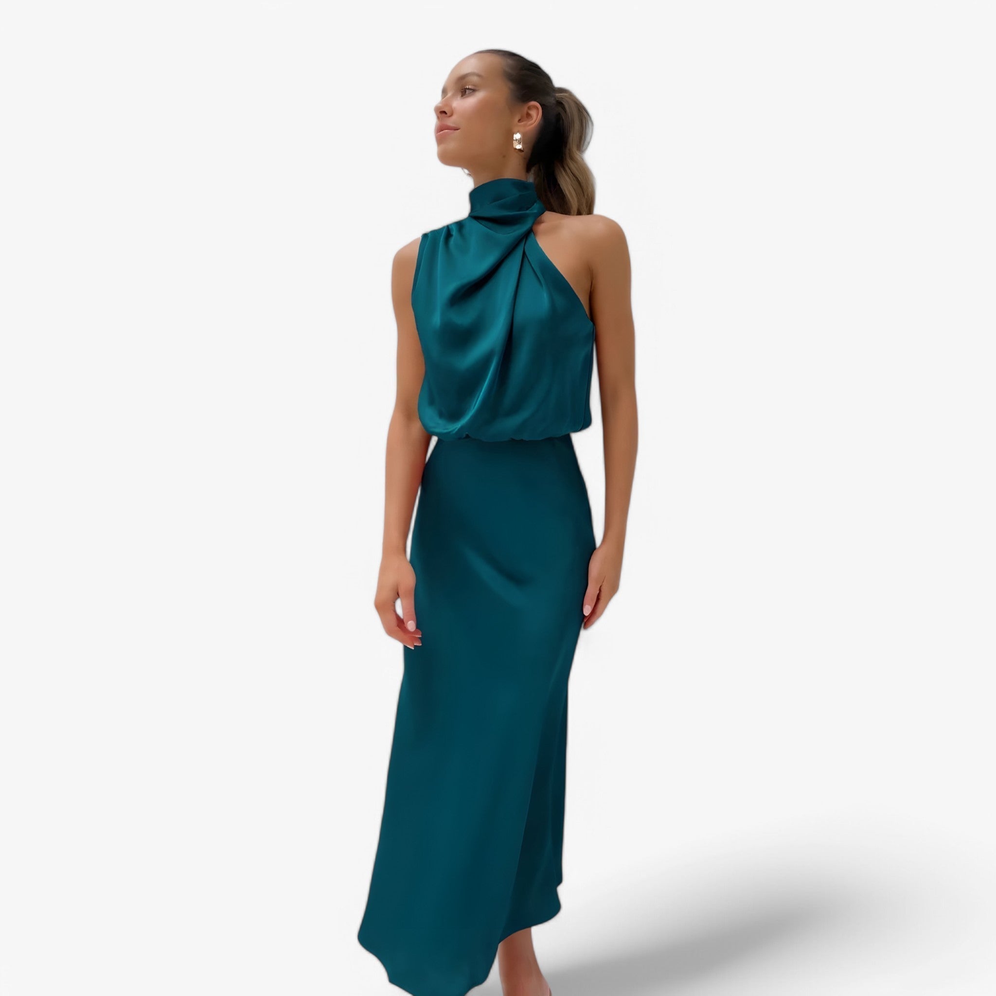 Estela – Vestido Largo de Fiesta sin Tirantes en Satén con Caída Fluida