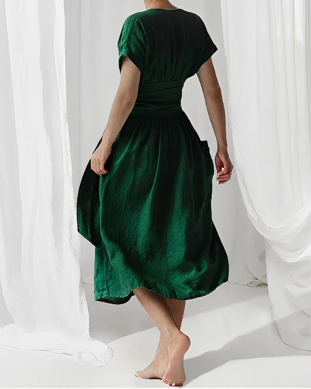 Vestido Midi con Cinturón, Bolsillos Laterales, Escote en V y Mangas Estilo Kimono