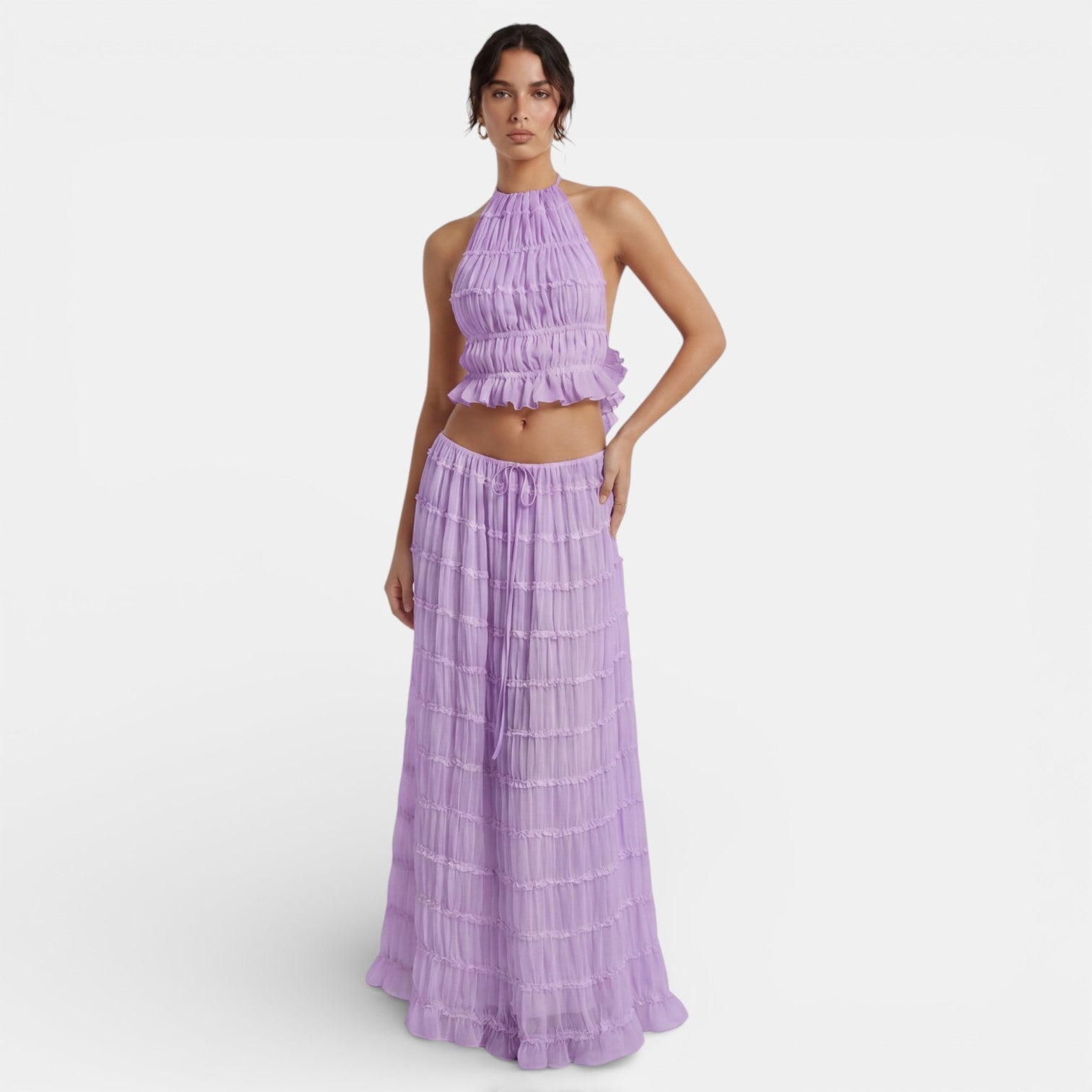 Conjunto Mujer Top Halter y Falda Larga Plisada