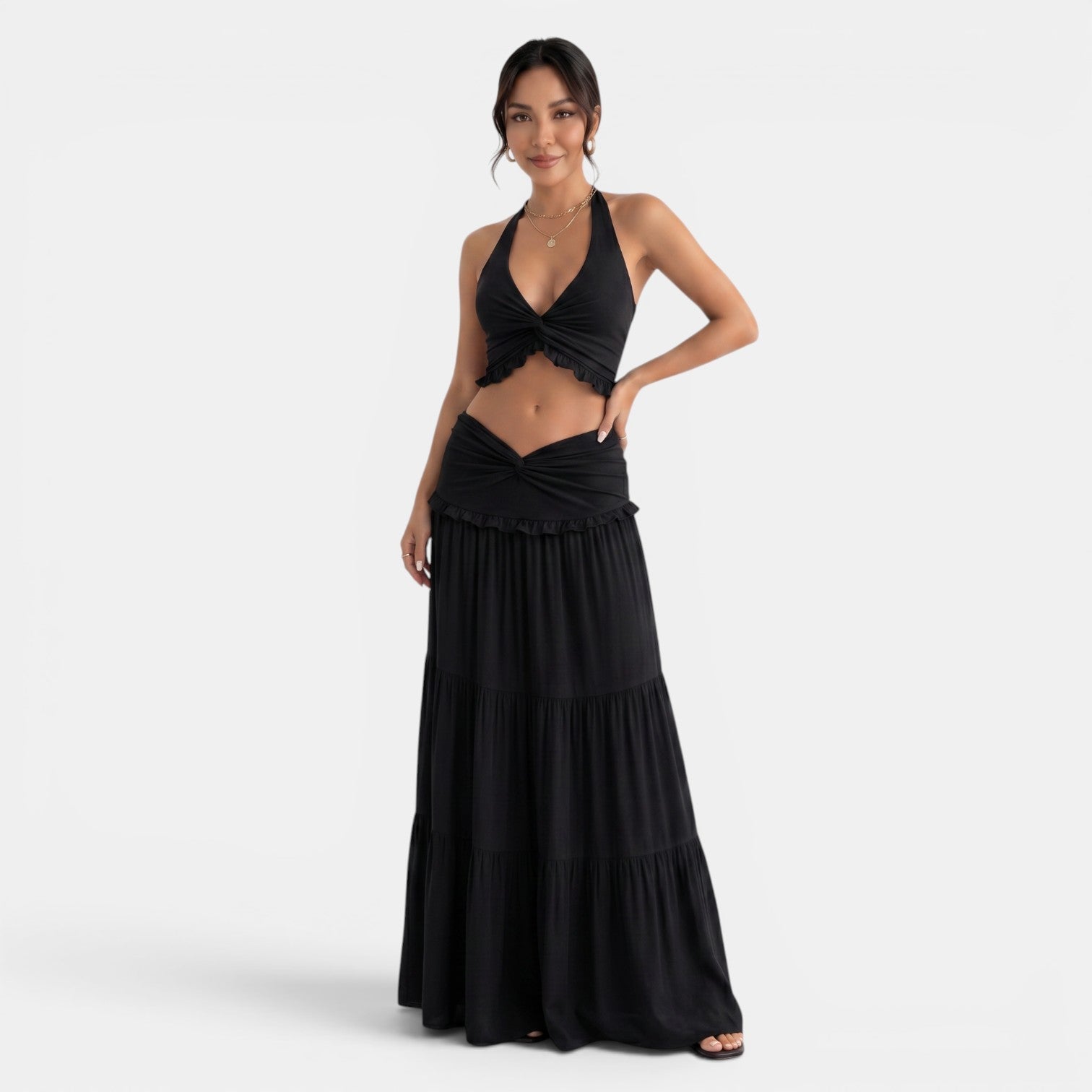 Conjunto Halter con Falda Larga Volantes