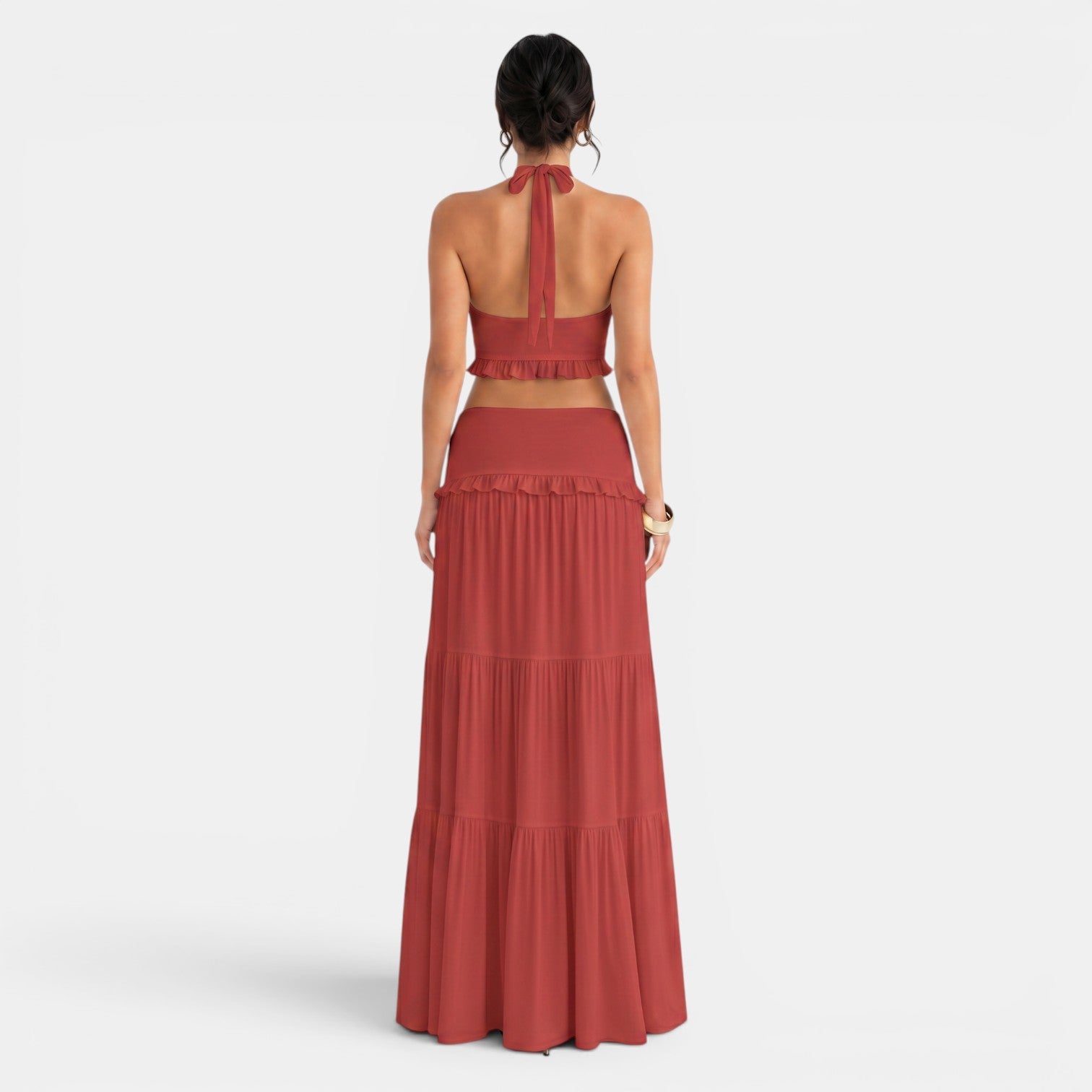 Conjunto Halter con Falda Larga Volantes