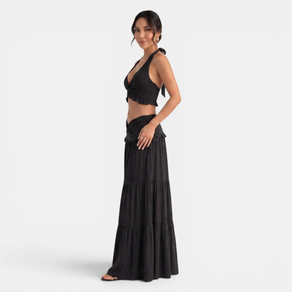 Conjunto Halter con Falda Larga Volantes