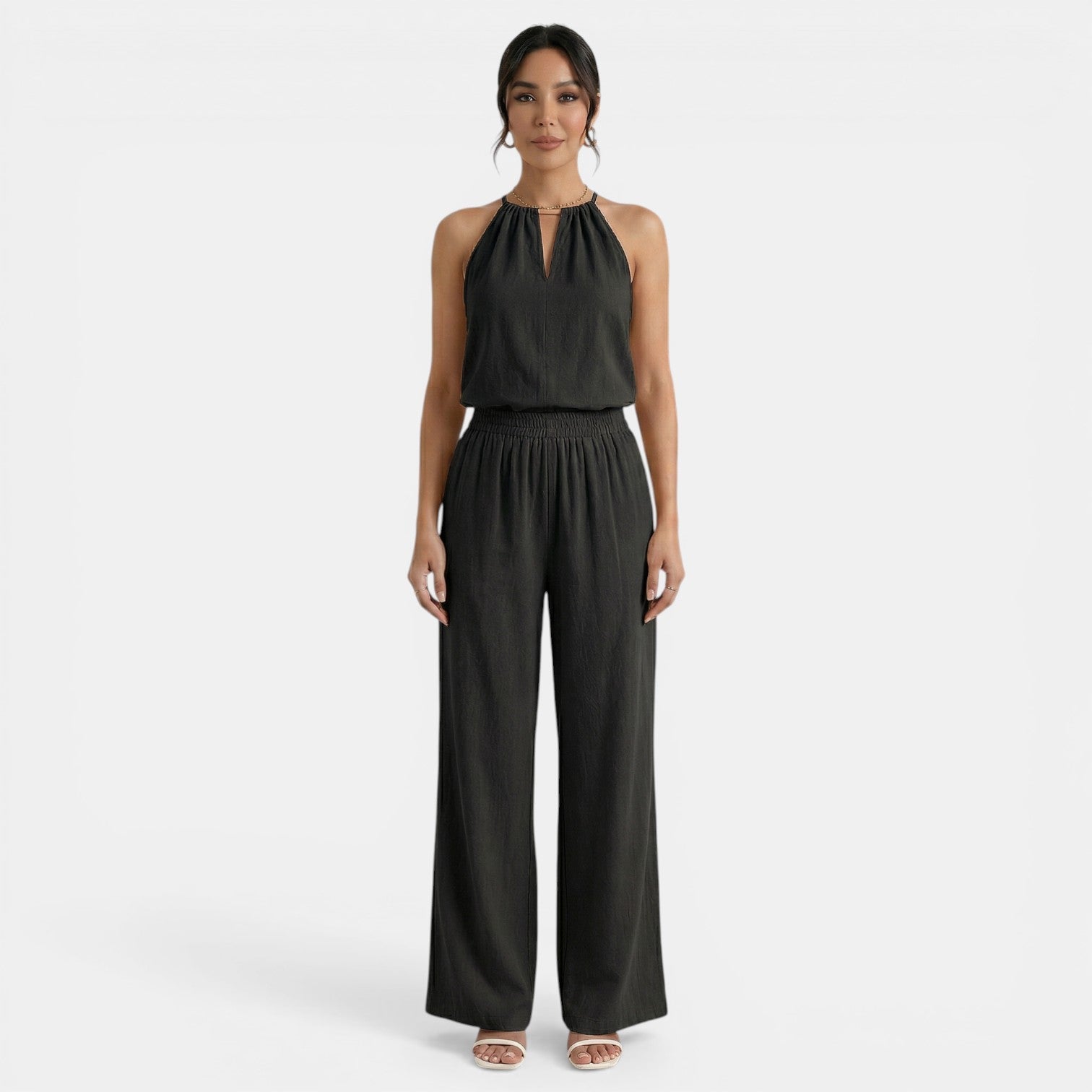 Conjunto Mujer Halter Calado de Lino y Pantalón Ancho