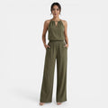 Conjunto Mujer Halter Calado de Lino y Pantalón Ancho