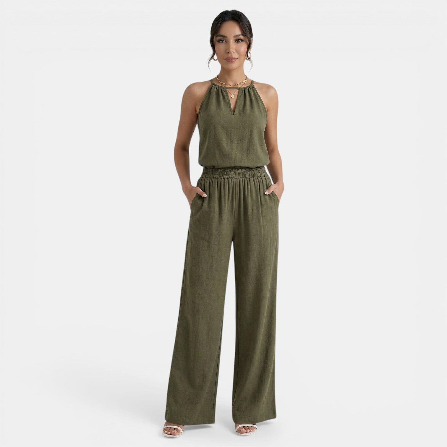 Conjunto Mujer Halter Calado de Lino y Pantalón Ancho