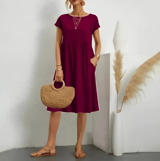 Vestido Midi de Verano con Manga Corta, Cuello Redondo y Silueta Favorecedora