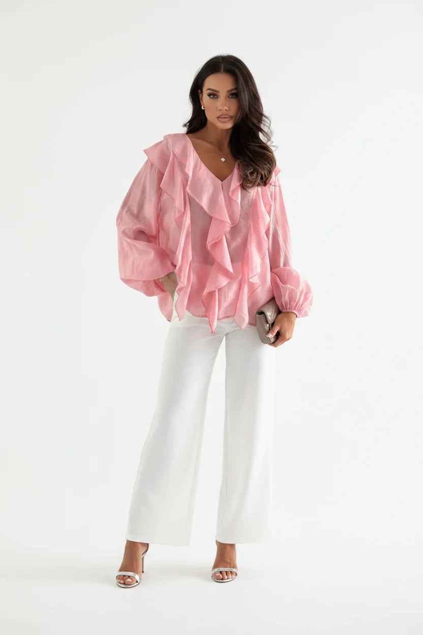 Blusa con Volantes, Escote en V y Mangas Farol
