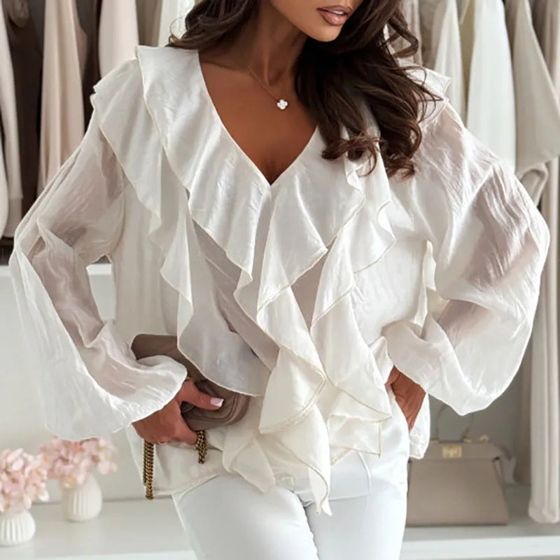 Blusa con Volantes, Escote en V y Mangas Farol